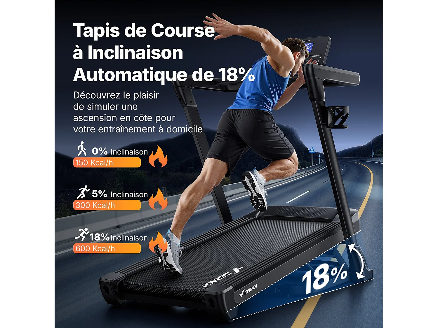 Tapis de Course MERACH, Bluetooth, LCD, Moteur Puissant, Inclinaison Automatique, Bande Silencieuse, 20 Programmes, Compatible Avec une Application