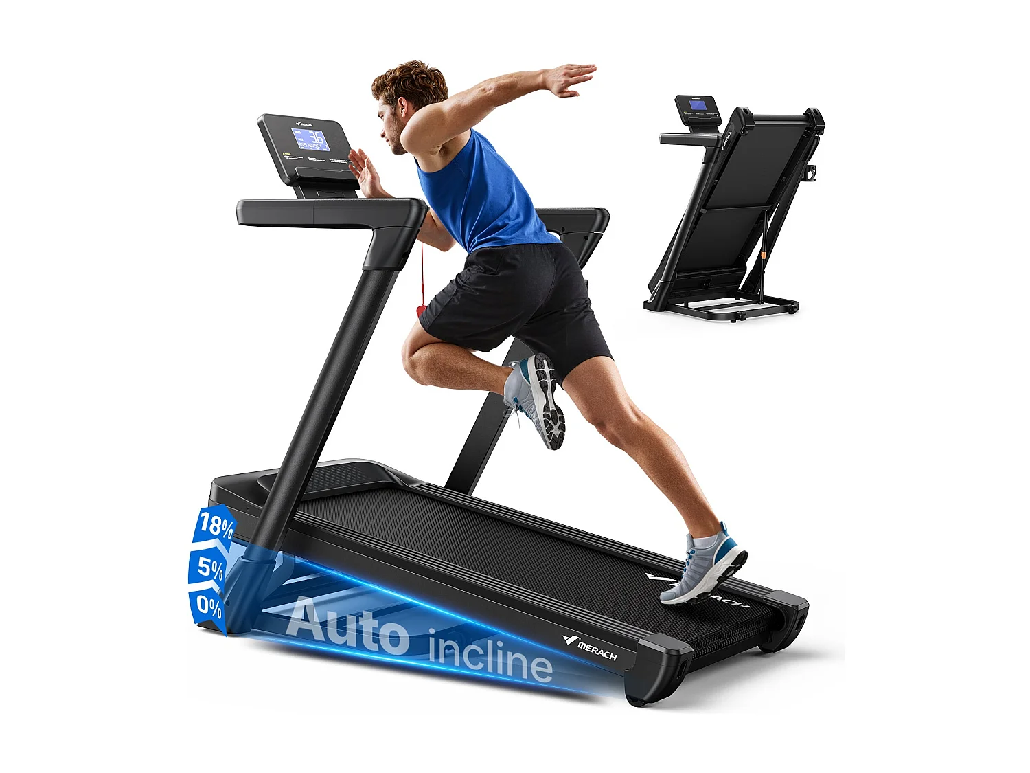 Tapis de Course MERACH, Bluetooth, LCD, Moteur Puissant, Inclinaison Automatique, Bande Silencieuse, 20 Programmes, Compatible Avec une Application