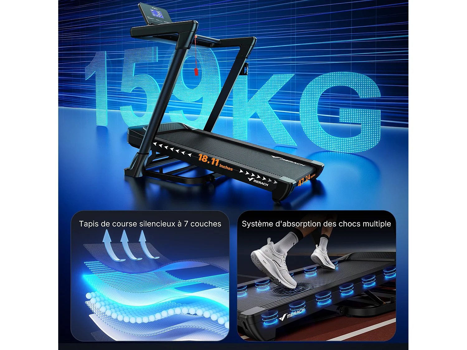 Tapis de Course MERACH, Bluetooth, LCD, Moteur Puissant, Inclinaison Automatique, Bande Silencieuse, 20 Programmes, Compatible Avec une Application