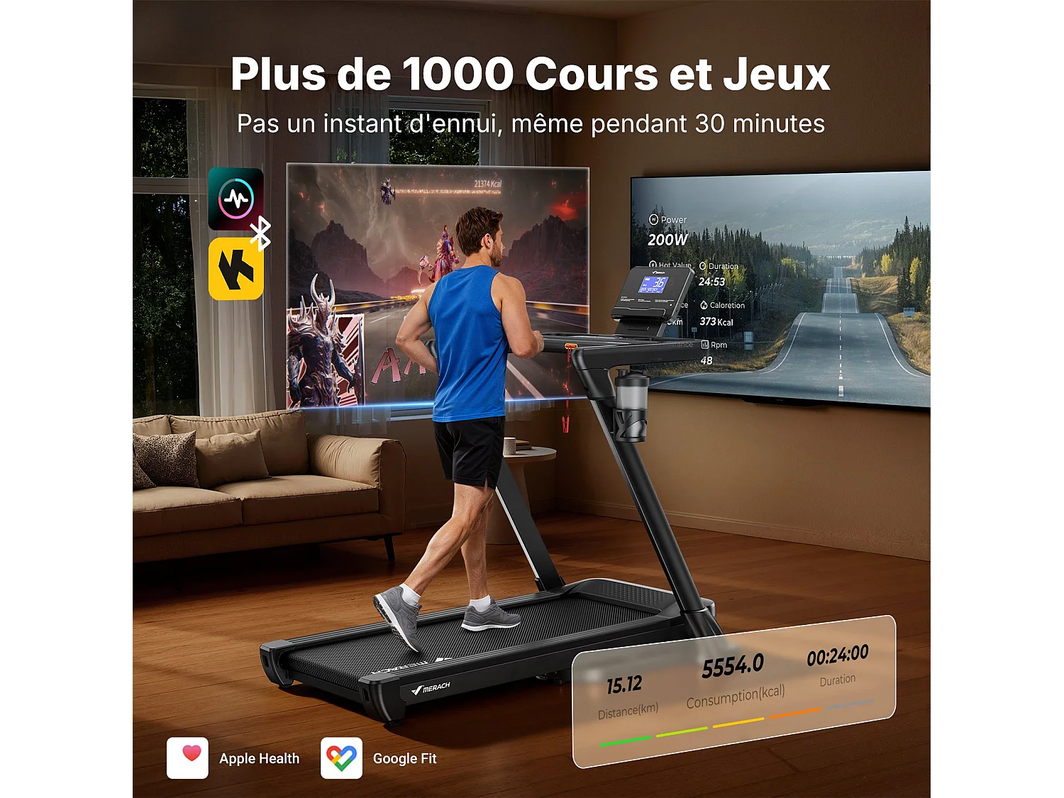 Tapis de Course MERACH, Bluetooth, LCD, Moteur Puissant, Inclinaison Automatique, Bande Silencieuse, 20 Programmes, Compatible Avec une Application