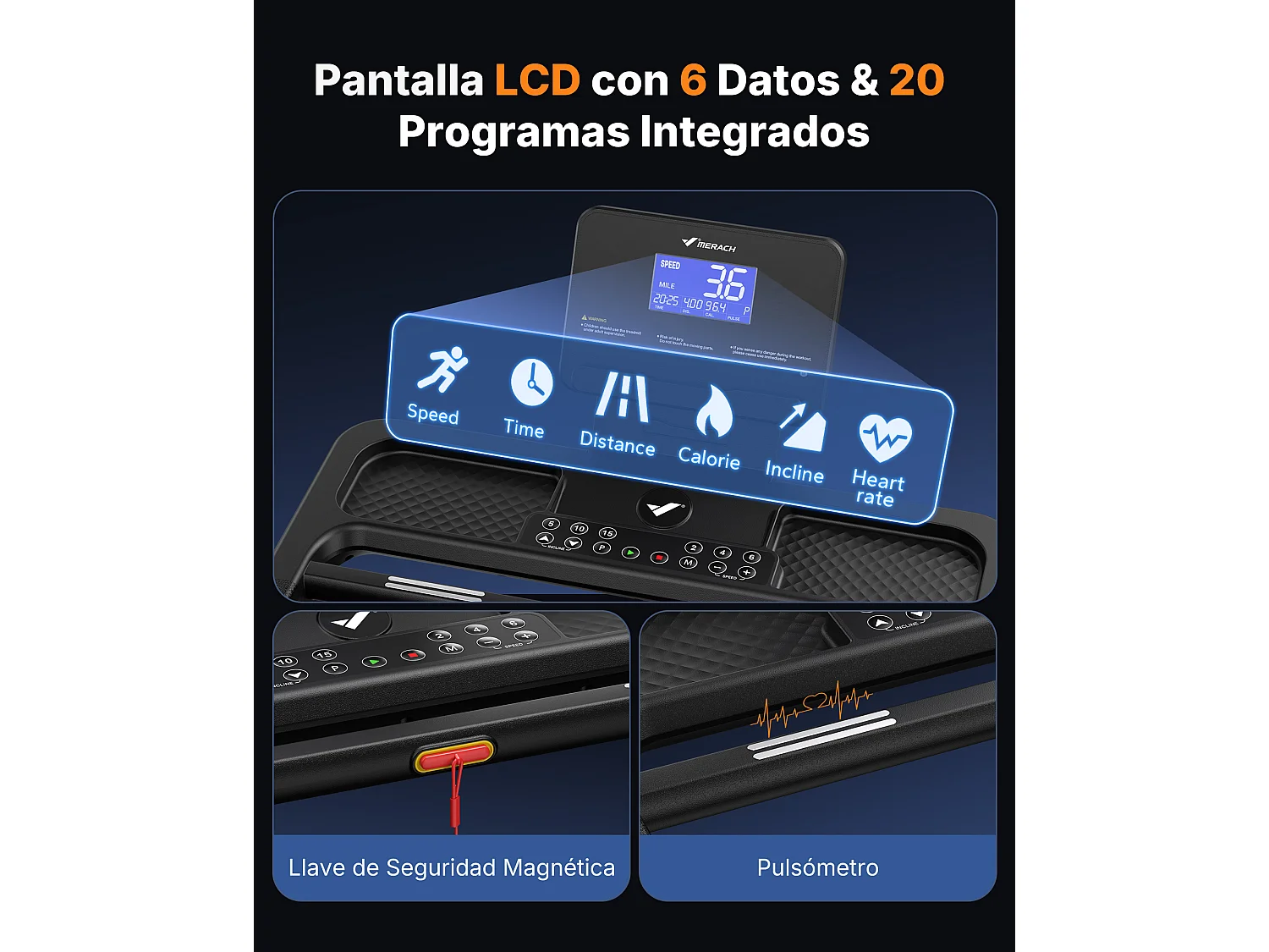 Tapis de Course MERACH, Bluetooth, LCD, Moteur Puissant, Inclinaison Automatique, Bande Silencieuse, 20 Programmes, Compatible Avec une Application