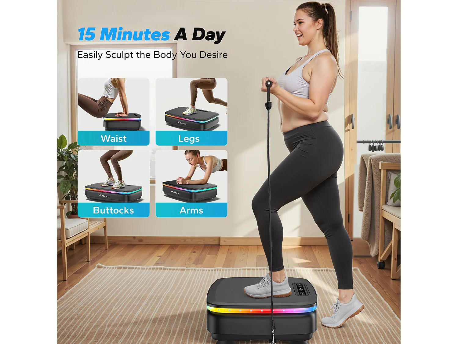 Plateforme Vibrante motorisée MERACH, 7 programmes, 99 Vitesses, Télécommande, Bluetooth, Écran LED, Antidérapant, 150kg Max, Noir