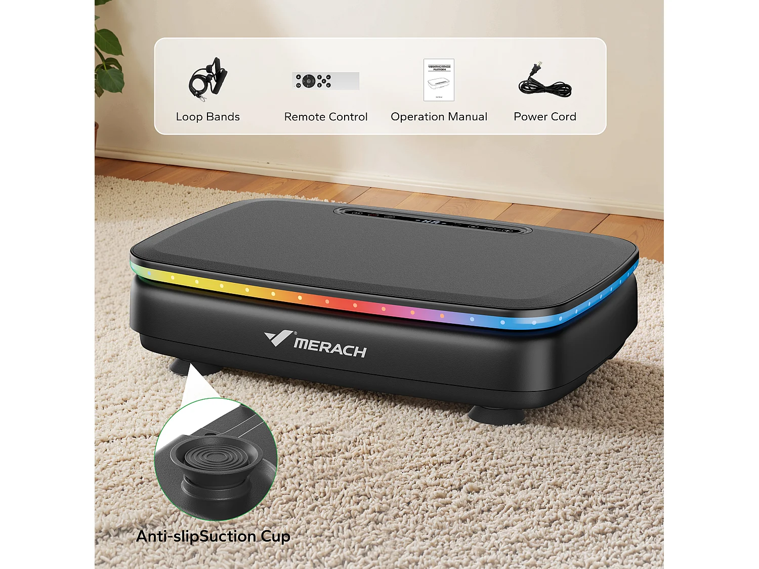 Plateforme Vibrante motorisée MERACH, 7 programmes, 99 Vitesses, Télécommande, Bluetooth, Écran LED, Antidérapant, 150kg Max, Noir