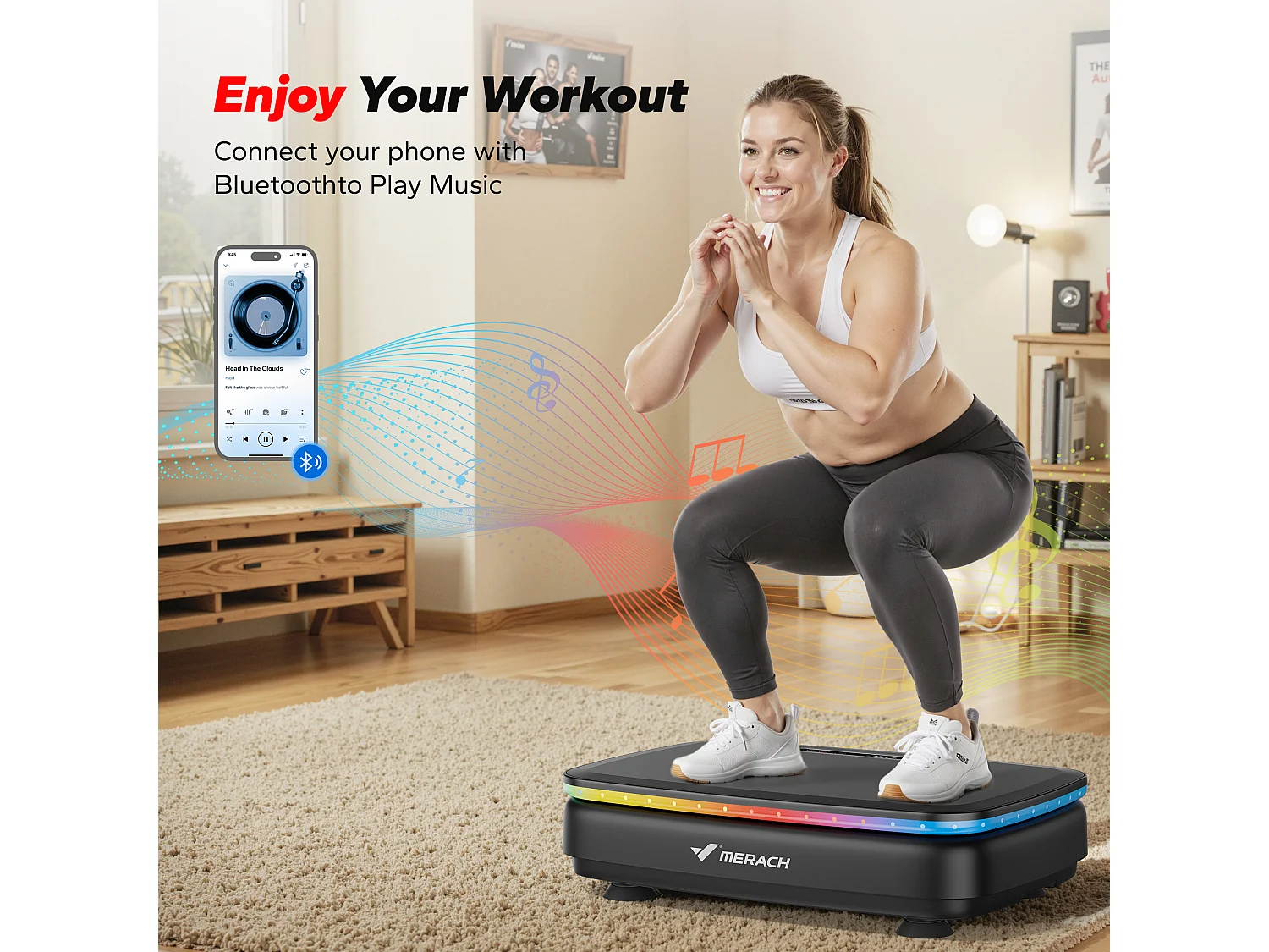 Plateforme Vibrante motorisée MERACH, 7 programmes, 99 Vitesses, Télécommande, Bluetooth, Écran LED, Antidérapant, 150kg Max, Noir