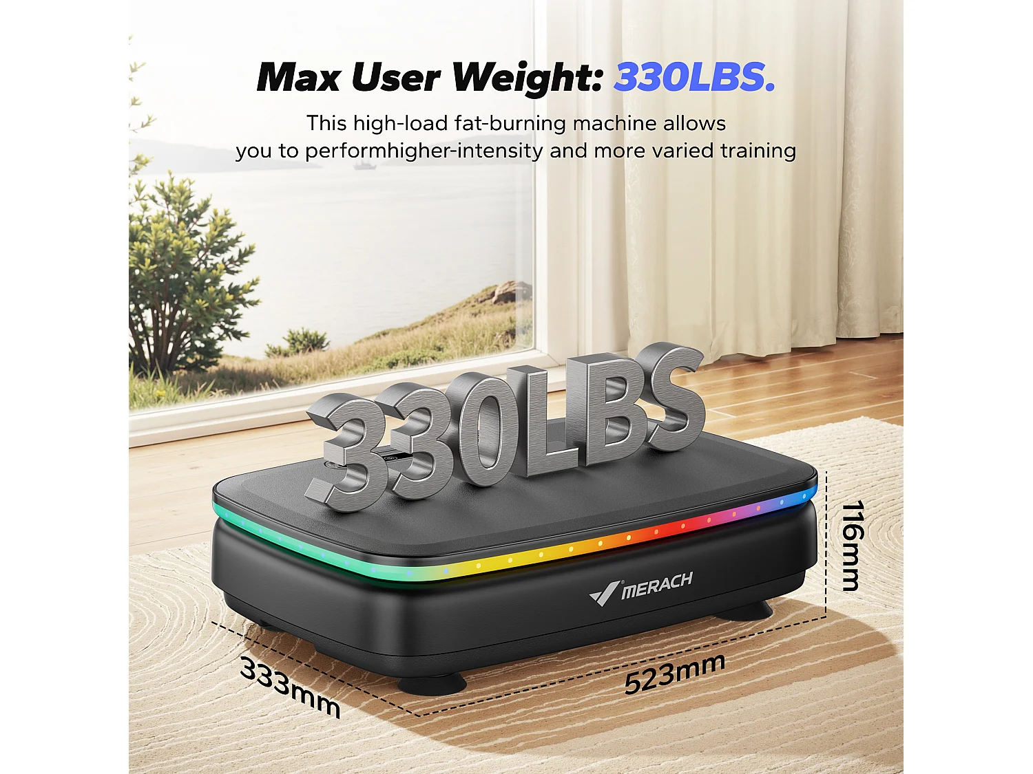 Plateforme Vibrante motorisée MERACH, 7 programmes, 99 Vitesses, Télécommande, Bluetooth, Écran LED, Antidérapant, 150kg Max, Noir