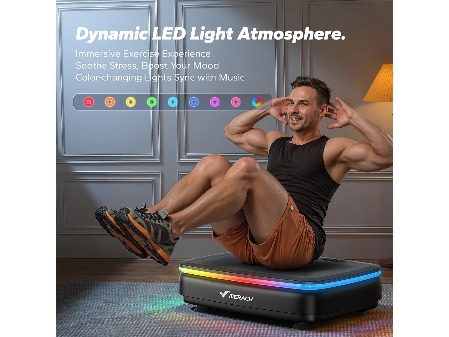 Piattaforma vibrante motorizzata MERACH, 7 programmi, 99 velocità, telecomando, Bluetooth, schermo LED, antiscivolo, max 150 kg, nero