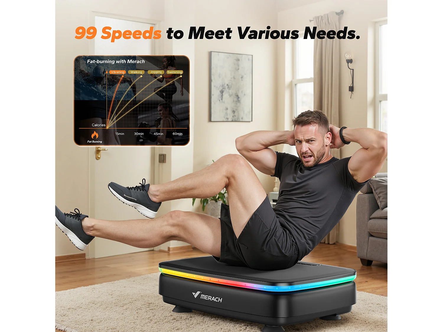 Piattaforma vibrante motorizzata MERACH, 7 programmi, 99 velocità, telecomando, Bluetooth, schermo LED, antiscivolo, max 150 kg, nero