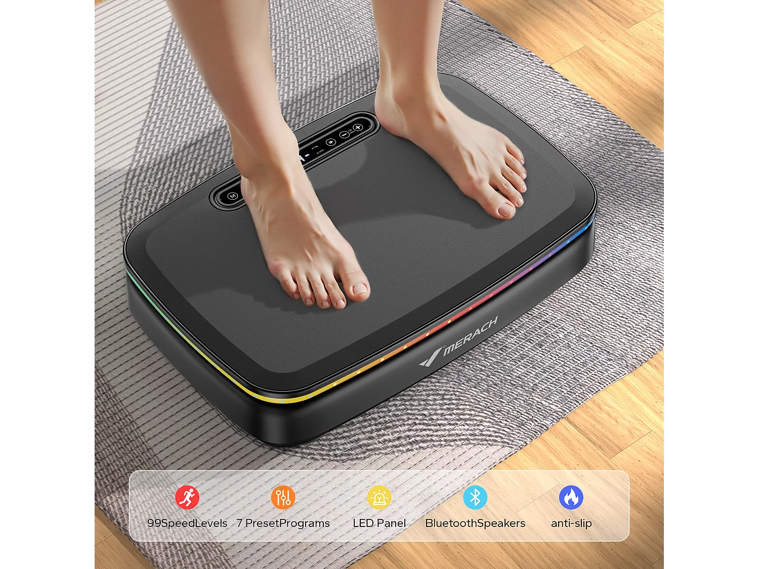 Piattaforma vibrante motorizzata MERACH, 7 programmi, 99 velocità, telecomando, Bluetooth, schermo LED, antiscivolo, max 150 kg, nero