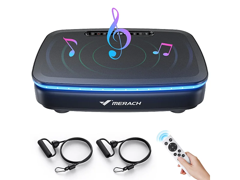 Plateforme Vibrante motorisée MERACH, 7 programmes, 99 Vitesses, Télécommande, Bluetooth, Écran LED, Antidérapant, 150kg Max, Noir