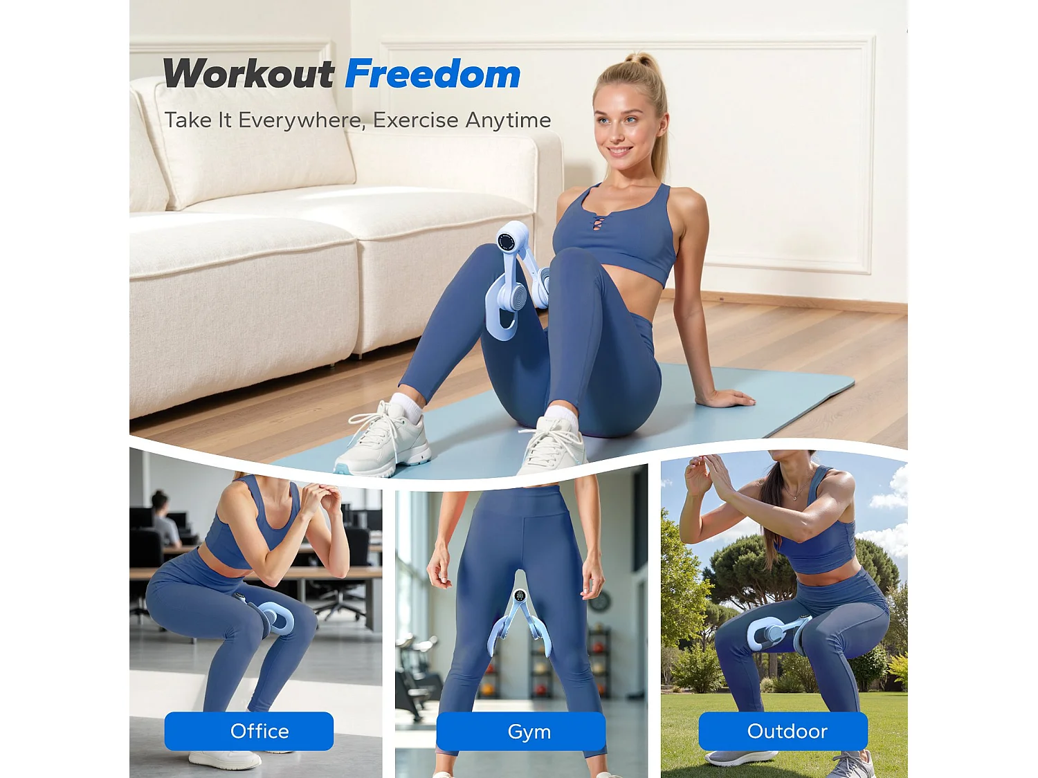 LEG TRAINER MERACH, Rotation à 360°, Design Ergonomique, Silencieux, Ressort Haute Résistance, Avec Bandes de Résistance, Portable, Bleu