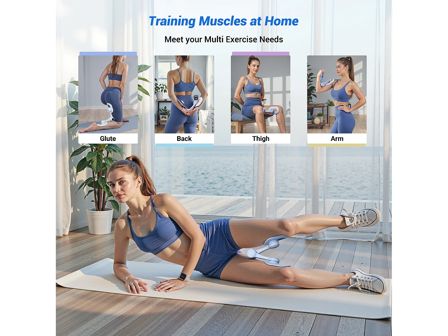 Leg Trainer MERACH, Rotazione di 360°, Design Ergonomico, Silenzioso, Molla ad Alta Resistenza, con Bande di Resistenza, Portatile, Blu