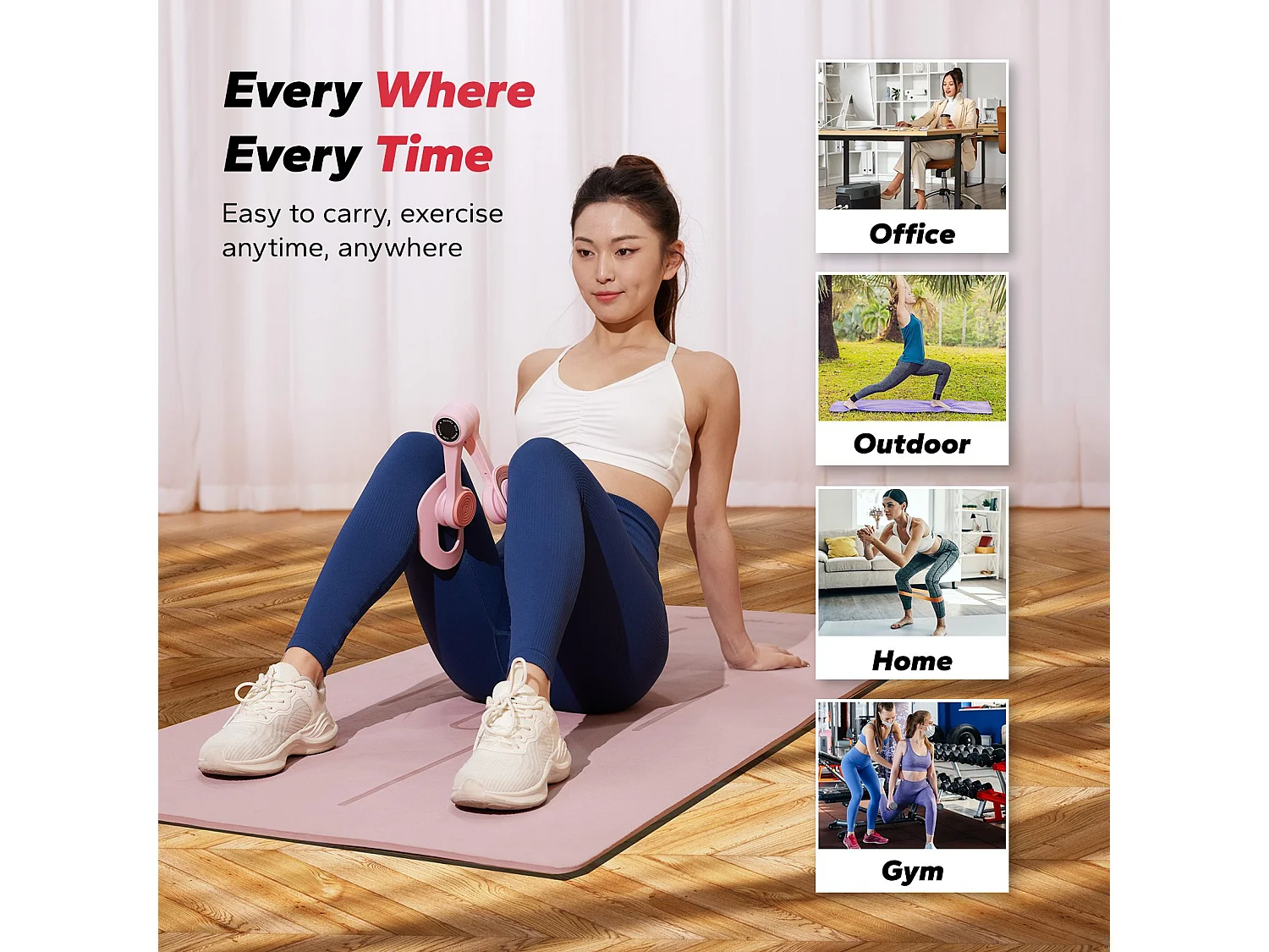 LEG TRAINER MERACH, Rotation à 360°, Design Ergonomique, Silencieux, Ressort Haute Résistance, Avec Bandes de Résistance, Portable, Rose