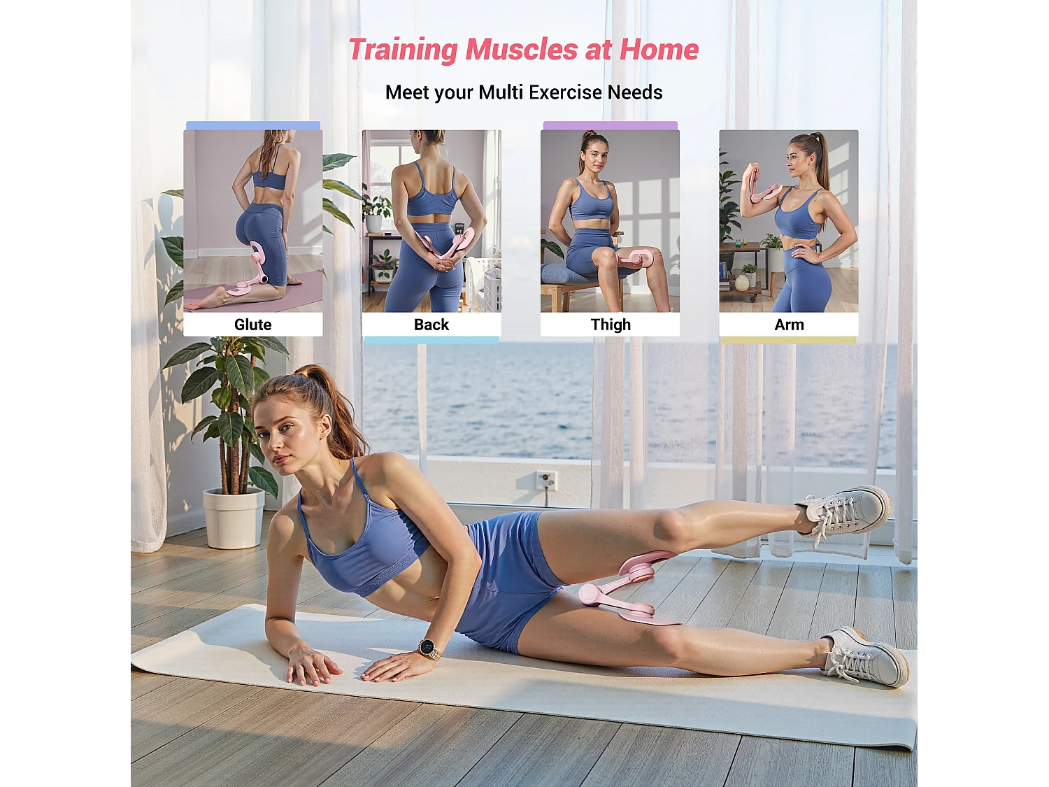 LEG TRAINER MERACH, Rotation à 360°, Design Ergonomique, Silencieux, Ressort Haute Résistance, Avec Bandes de Résistance, Portable, Rose