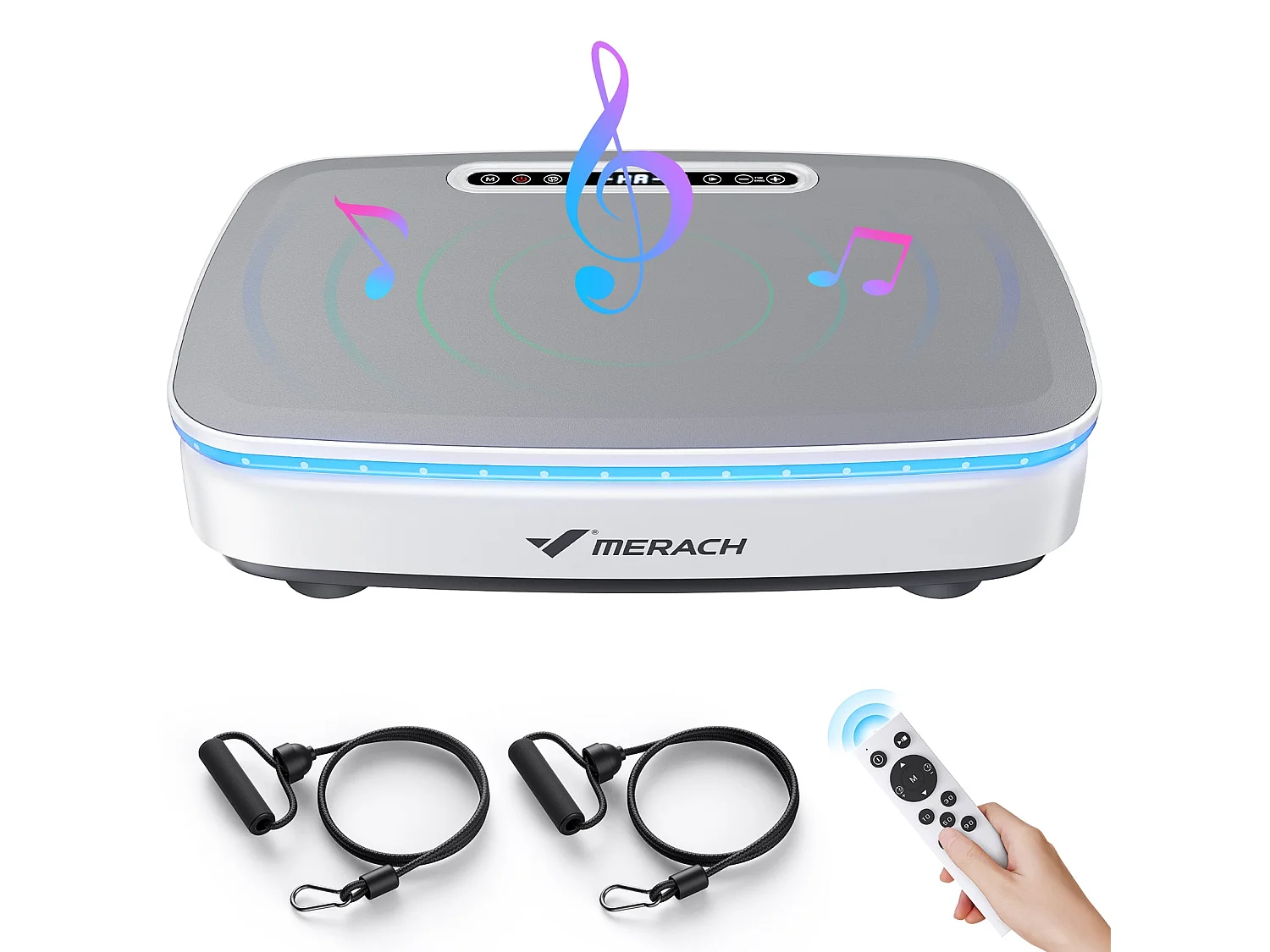 Plateforme Vibrante motorisée MERACH, 7 programmes, 99 Vitesses, Antidérapant, Écran LED, Télécommande, Bluetooth, 150kg Max, Blanc