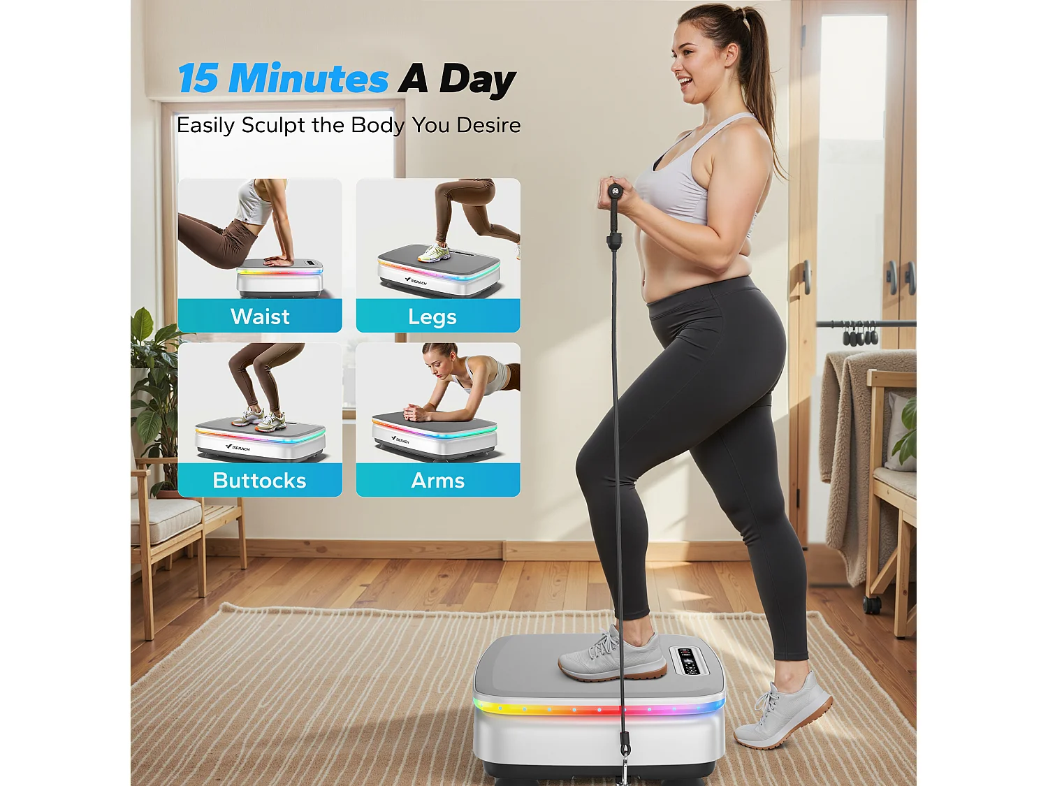 Plateforme Vibrante motorisée MERACH, 7 programmes, 99 Vitesses, Antidérapant, Écran LED, Télécommande, Bluetooth, 150kg Max, Blanc