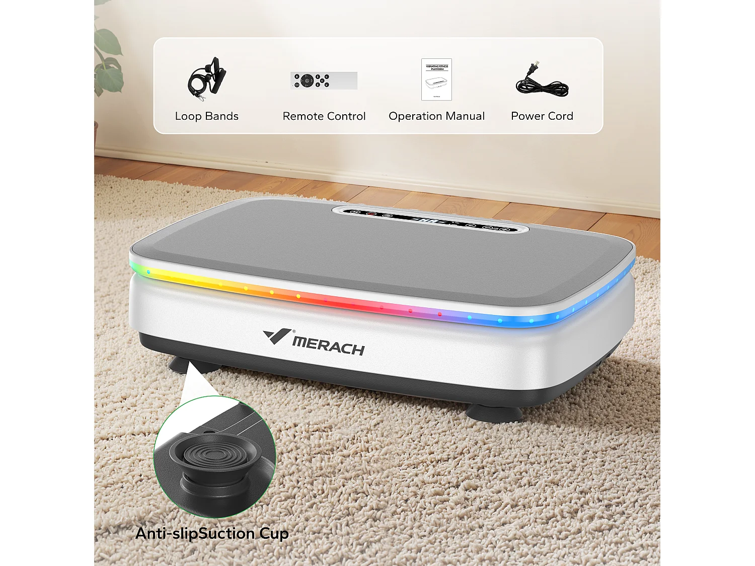 Plateforme Vibrante motorisée MERACH, 7 programmes, 99 Vitesses, Antidérapant, Écran LED, Télécommande, Bluetooth, 150kg Max, Blanc