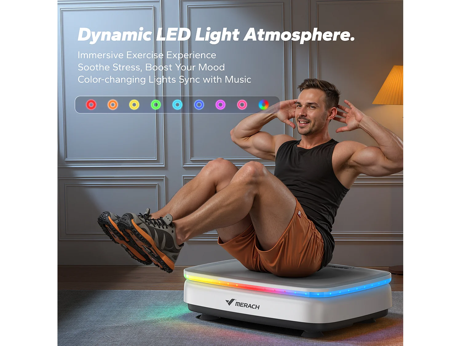 Plateforme Vibrante motorisée MERACH, 7 programmes, 99 Vitesses, Antidérapant, Écran LED, Télécommande, Bluetooth, 150kg Max, Blanc