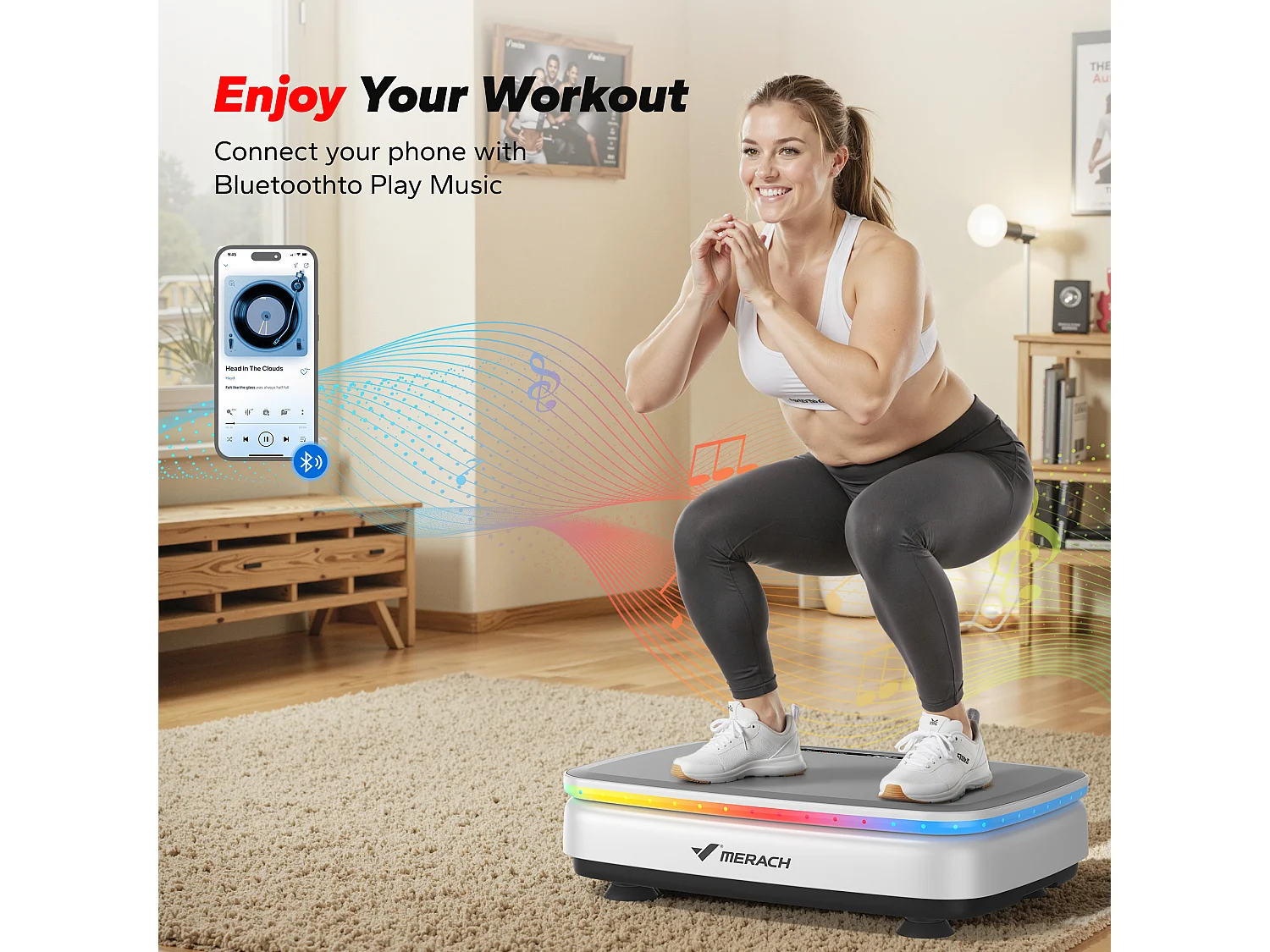 Plateforme Vibrante motorisée MERACH, 7 programmes, 99 Vitesses, Antidérapant, Écran LED, Télécommande, Bluetooth, 150kg Max, Blanc