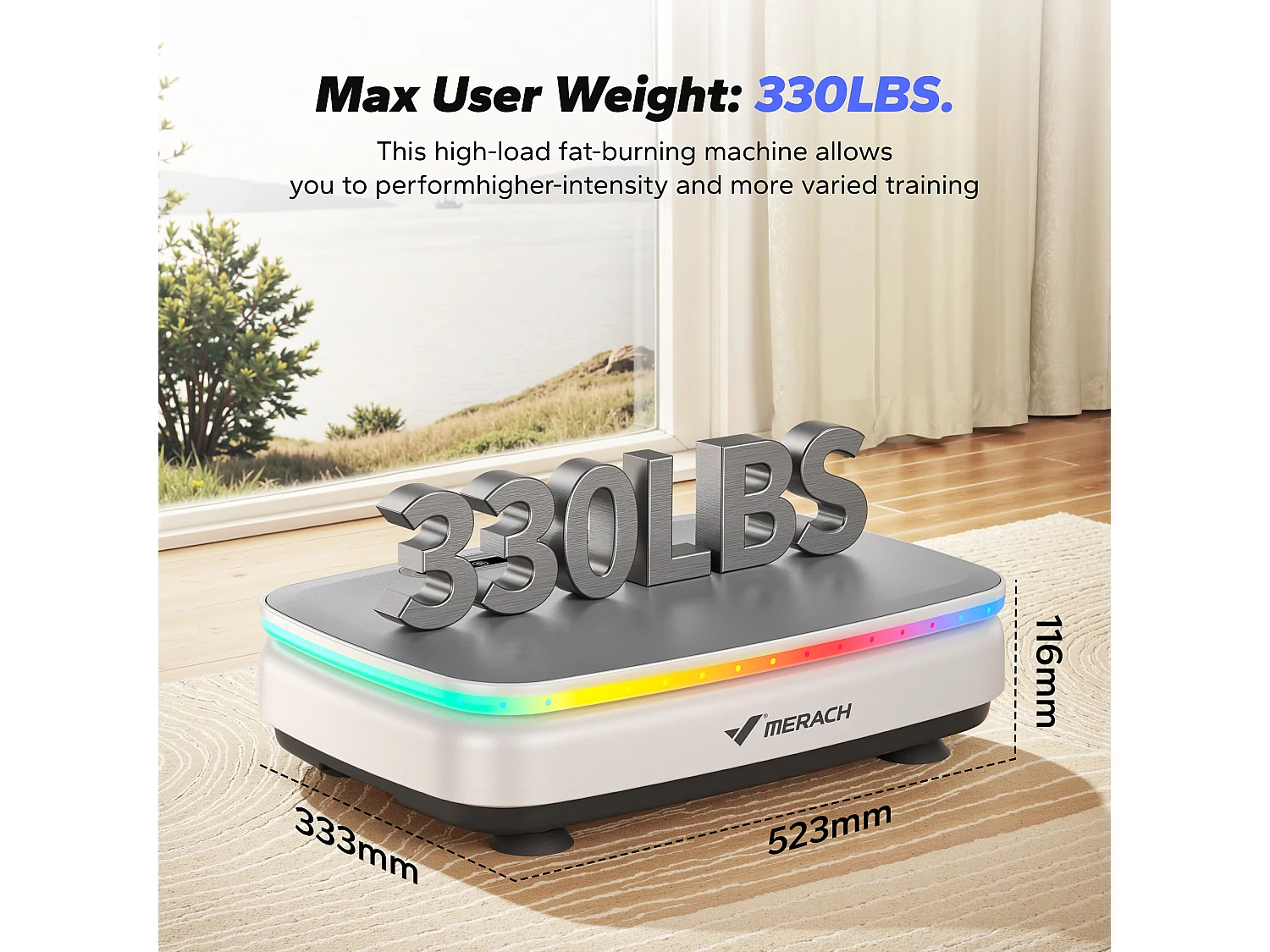 Plateforme Vibrante motorisée MERACH, 7 programmes, 99 Vitesses, Antidérapant, Écran LED, Télécommande, Bluetooth, 150kg Max, Blanc