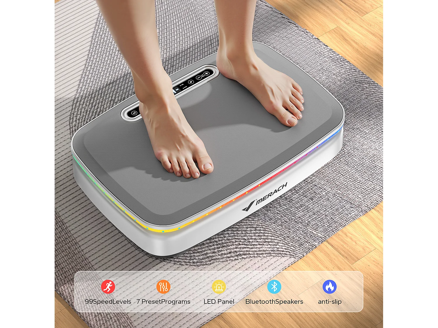 Plateforme Vibrante motorisée MERACH, 7 programmes, 99 Vitesses, Antidérapant, Écran LED, Télécommande, Bluetooth, 150kg Max, Blanc