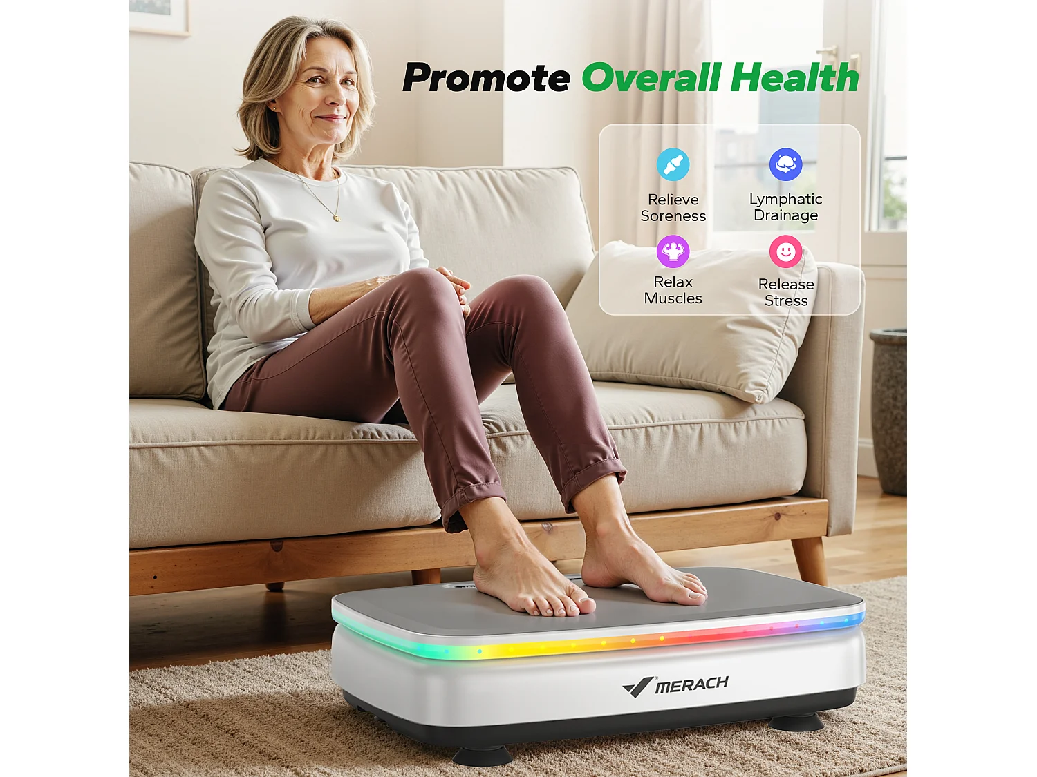 Plataforma Vibratória MERACH, 99 Níveis, Bluetooth, Luzes e Ecrã de LED, Altifalante Integrado, Controlo Remoto, Modo duplo, Máx 150 kg, Branco