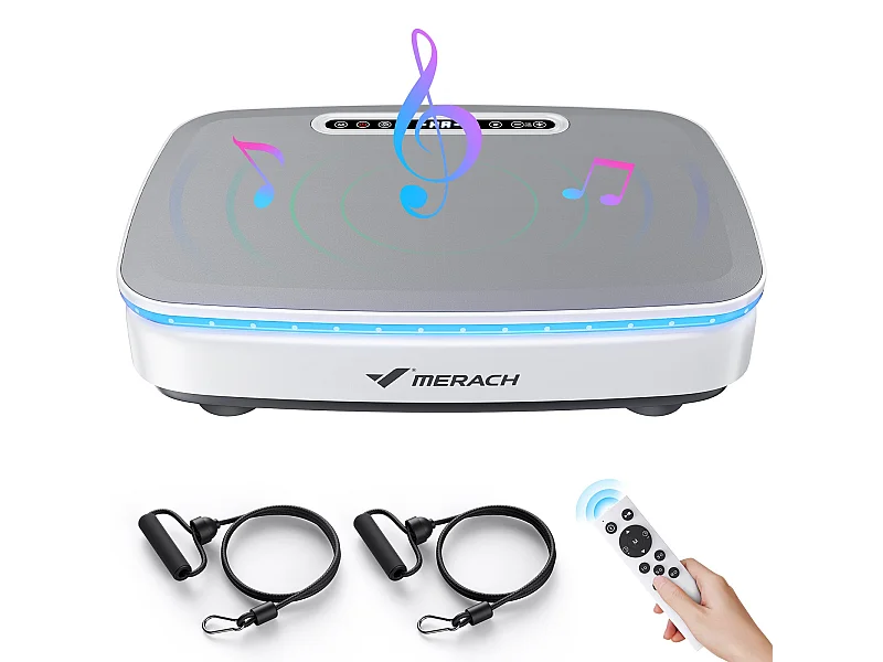 Plateforme Vibrante motorisée MERACH, 7 programmes, 99 Vitesses, Antidérapant, Écran LED, Télécommande, Bluetooth, 150kg Max, Blanc