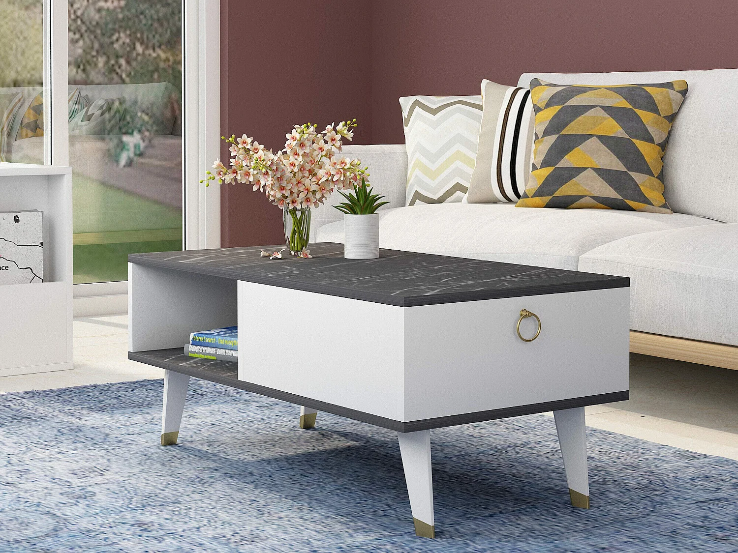 Tavolino in legno "Delux" - 90 x 45 x 42 cm - Nero, bianco