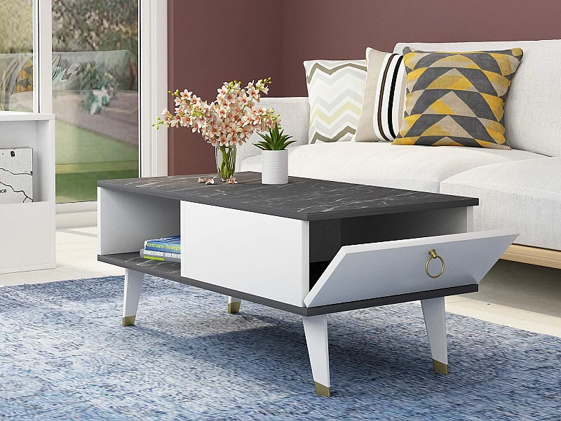 Houten salontafel "Delux" - 90 x 45 x 42 cm - Zwart, Wit