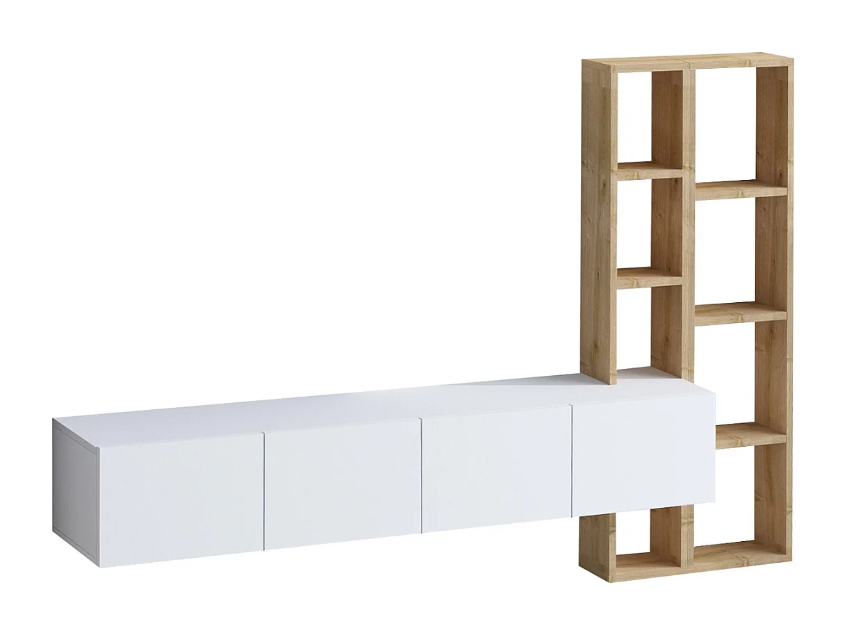 Meuble TV suspendu 4 portes blanc et étagère chêne L182 cm - PANA