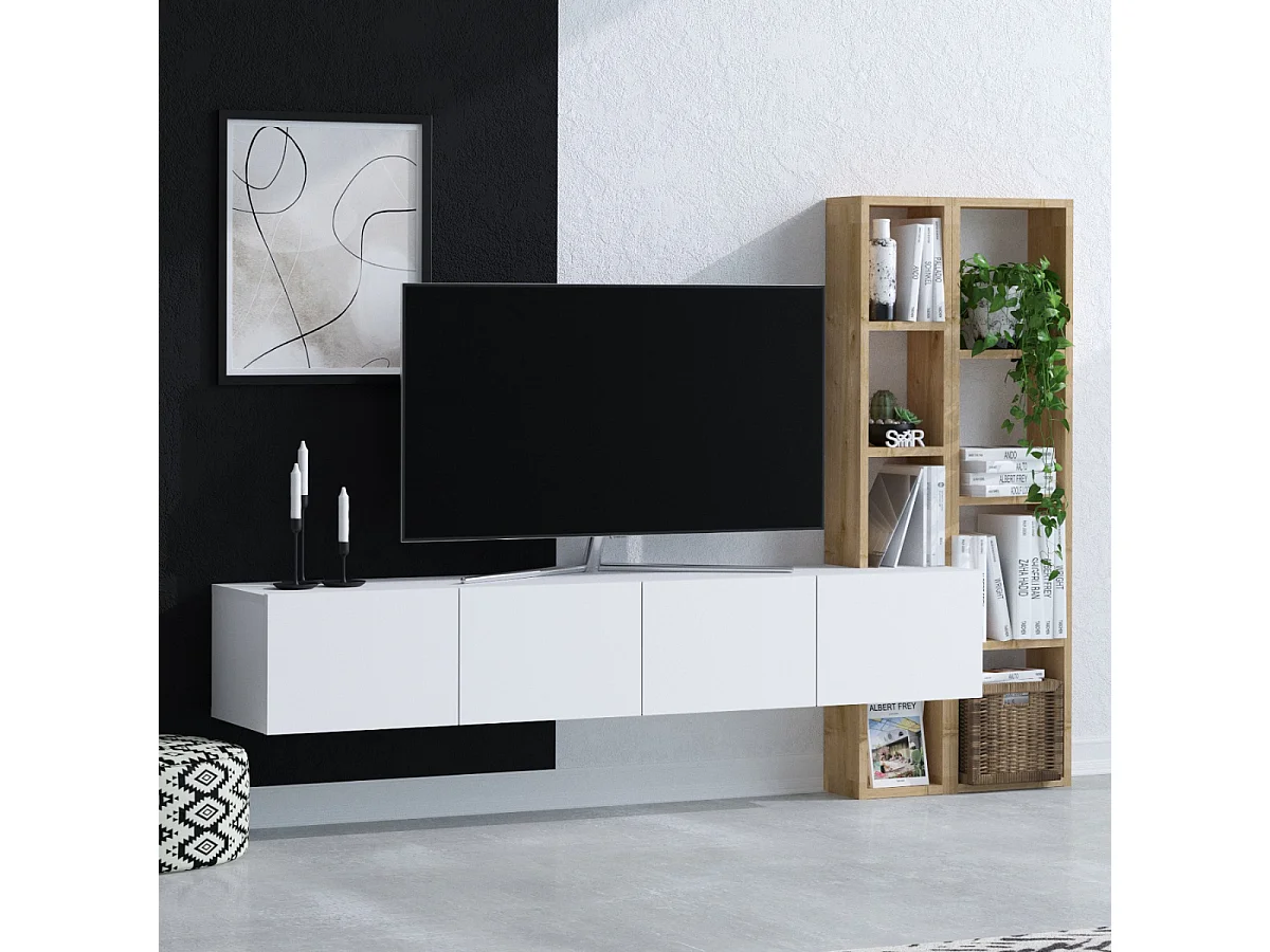 Meuble TV suspendu 4 portes blanc et étagère chêne L182 cm - PANA