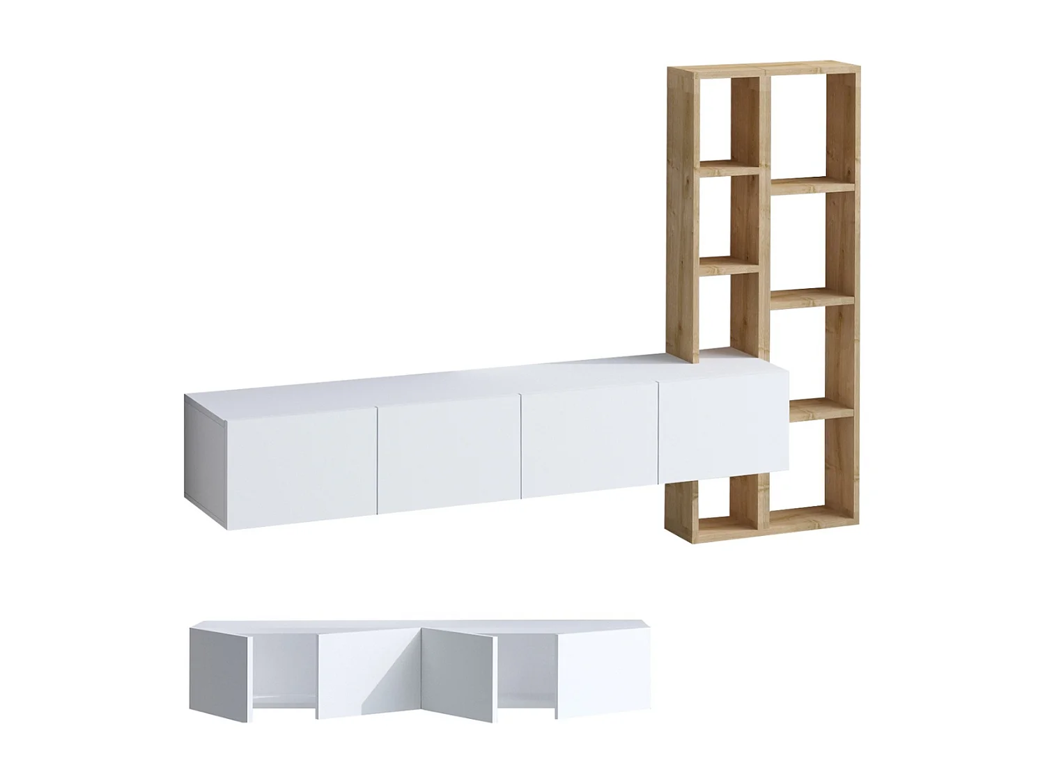 Meuble TV suspendu 4 portes blanc et étagère chêne L182 cm - PANA