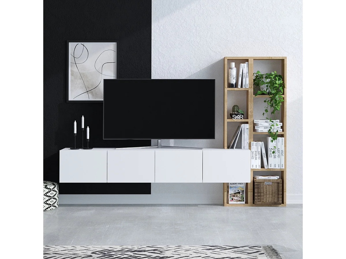 Módulo de salón Kailua 1774, Roble|Blanco, Sólido|Con mesa de TV, Aglomerado laminado,