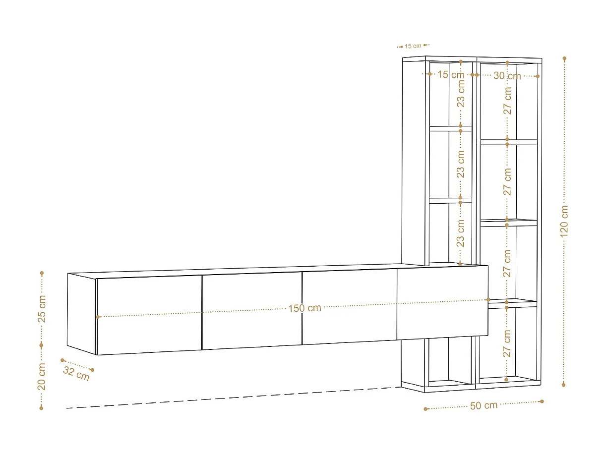 Módulo de salón Kailua 1774, Roble|Blanco, Sólido|Con mesa de TV, Aglomerado laminado,