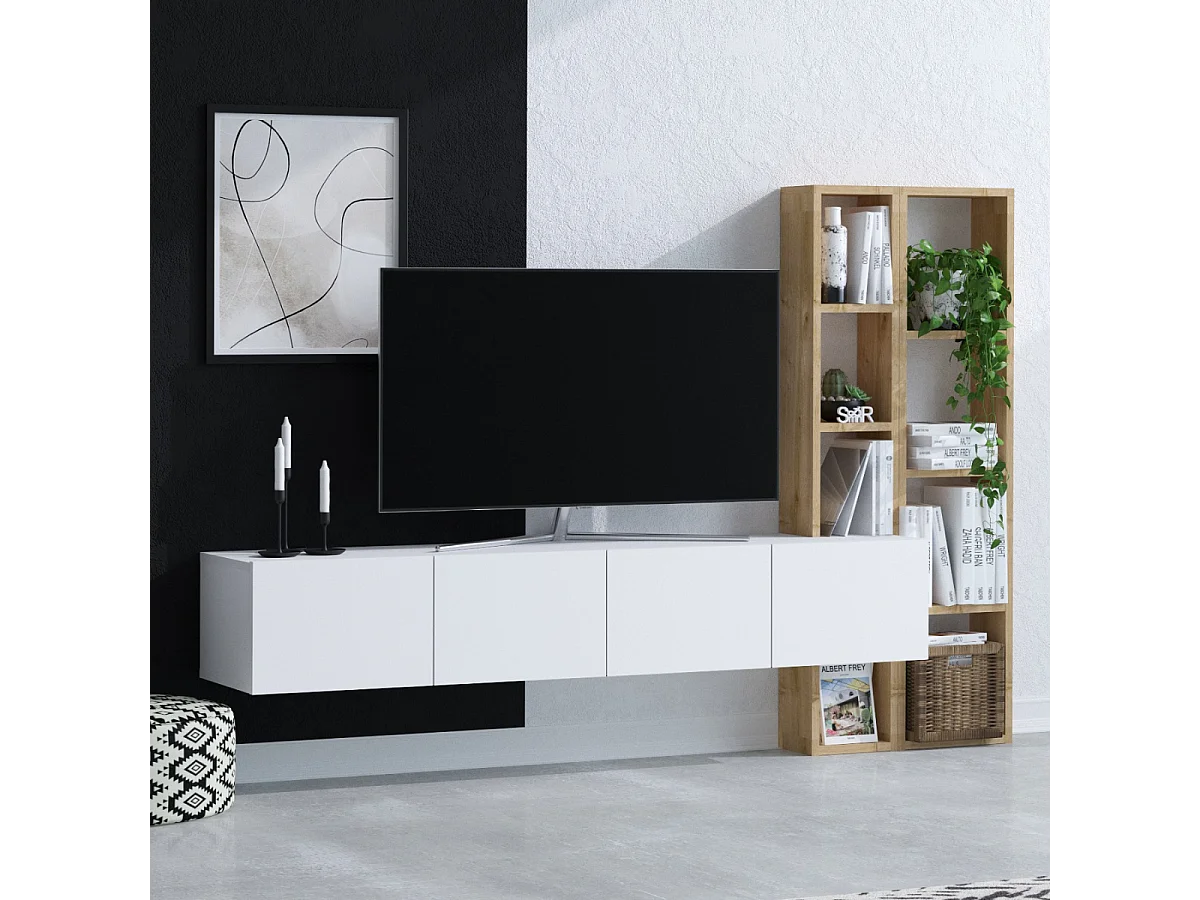 Módulo de salón Kailua 1774, Roble|Blanco, Sólido|Con mesa de TV, Aglomerado laminado,