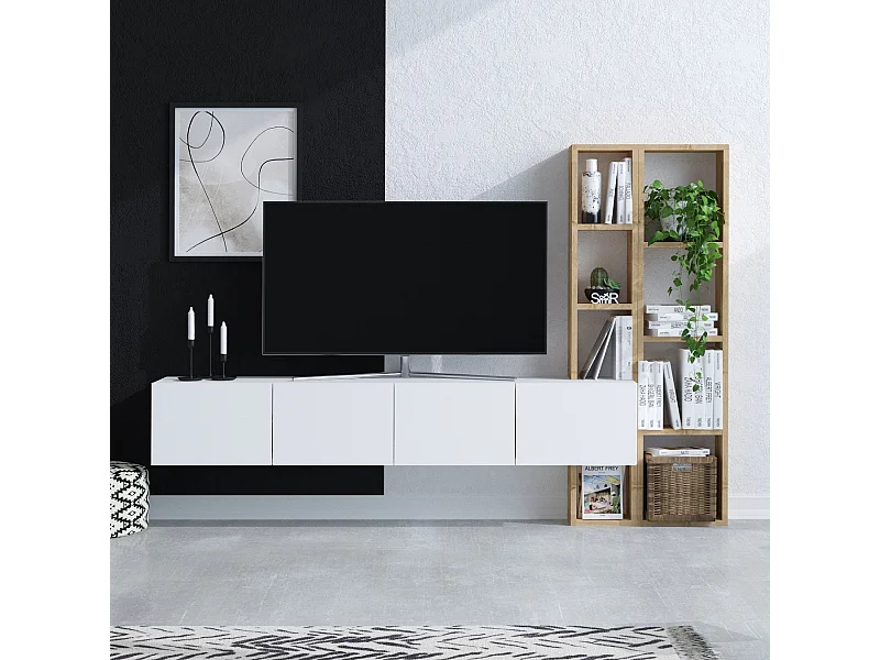 Meuble TV suspendu 4 portes blanc et étagère chêne L182 cm - PANA