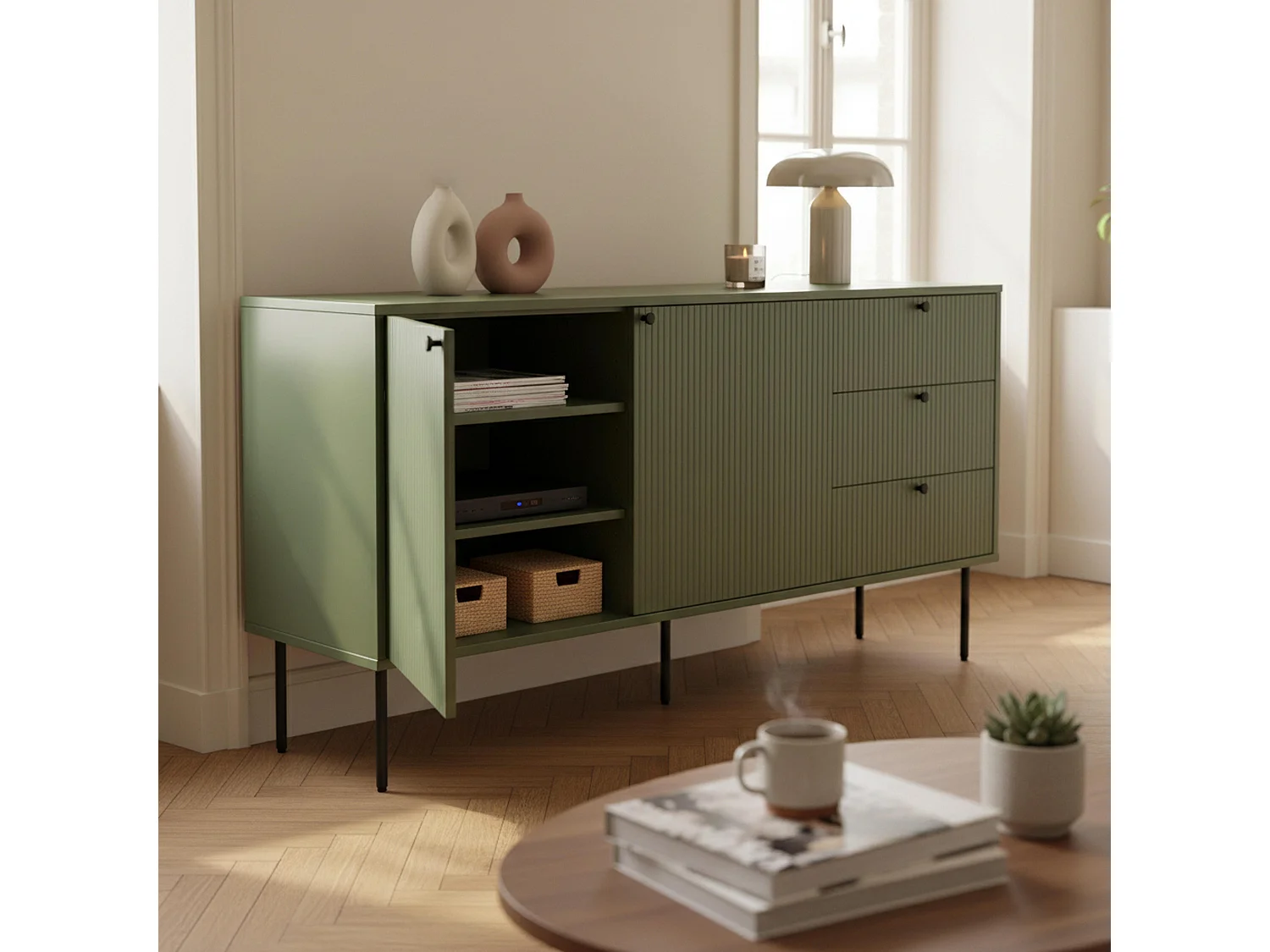 Buffet 2 portes et 3 tiroirs décor mélaminé 150 cm vert olive