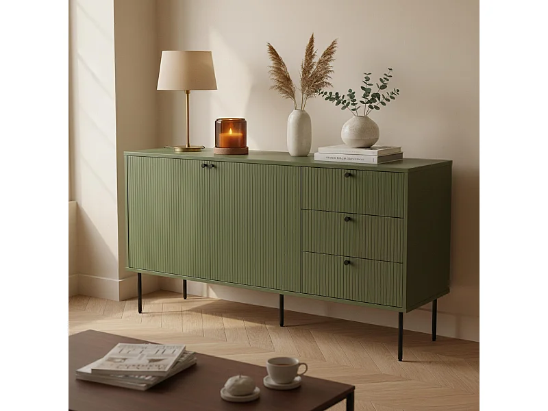 Buffet 2 portes et 3 tiroirs décor mélaminé 150 cm vert olive