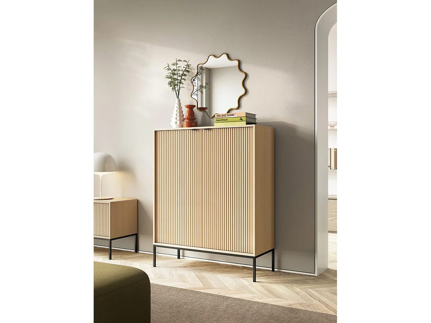 Buffet haut 2 portes - 104 cm - aspect chêne avec pieds noirs - VELLORE