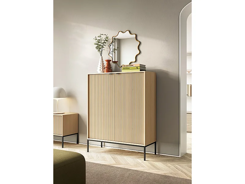 Buffet haut 2 portes - 104 cm - aspect chêne avec pieds noirs - VELLORE