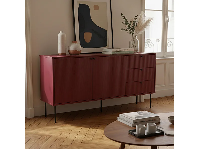 Buffet 2 portes et 3 tiroirs décor mélaminé 150 cm bordeaux