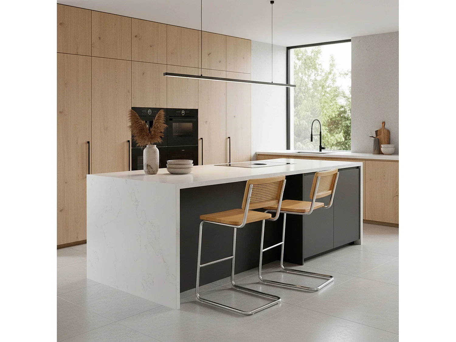 Lot de 2 chaises hautes en métal et bois beige