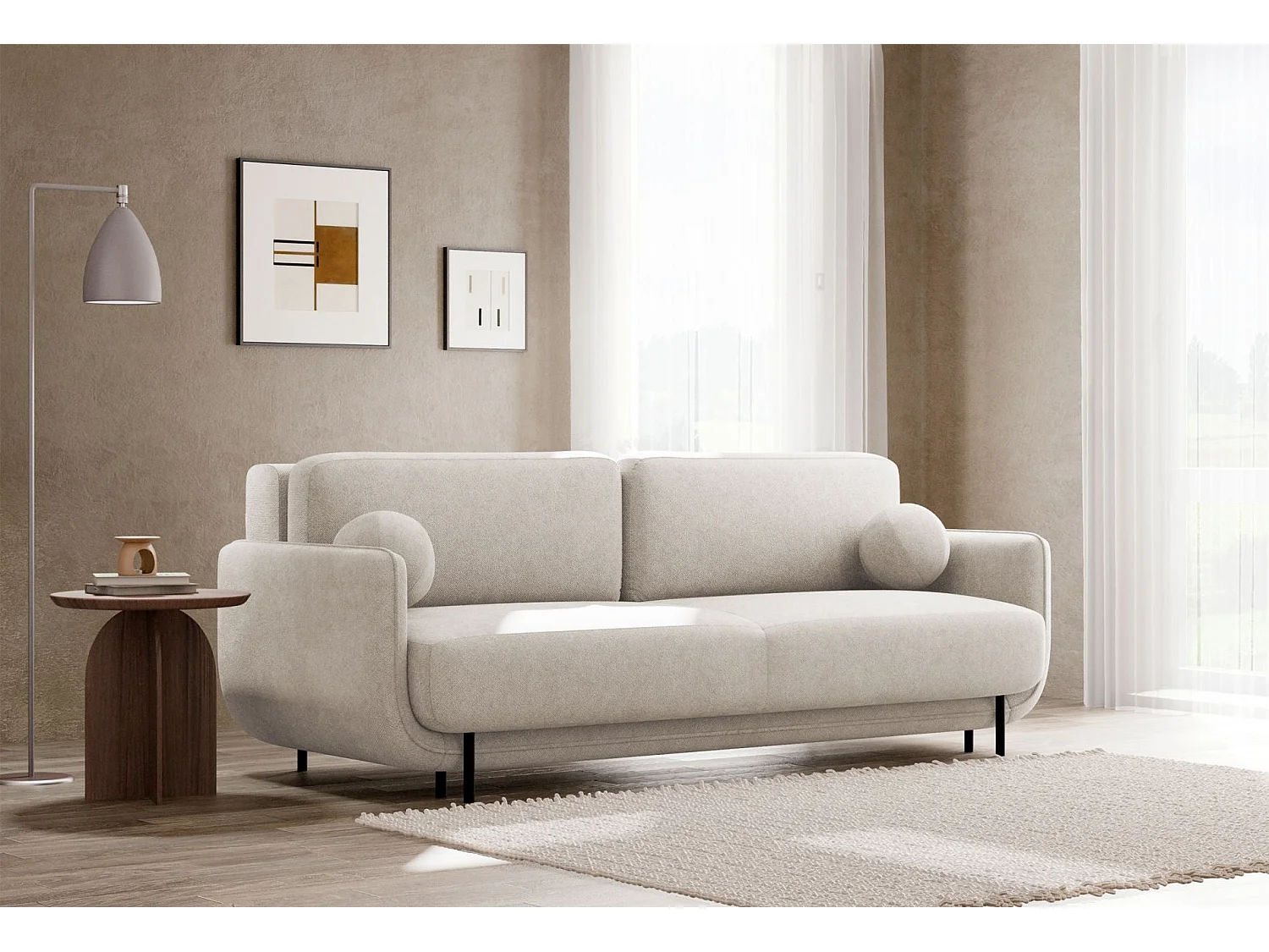 Canapé convertible 3 places – tissu texturé – beige clair – OVALS
