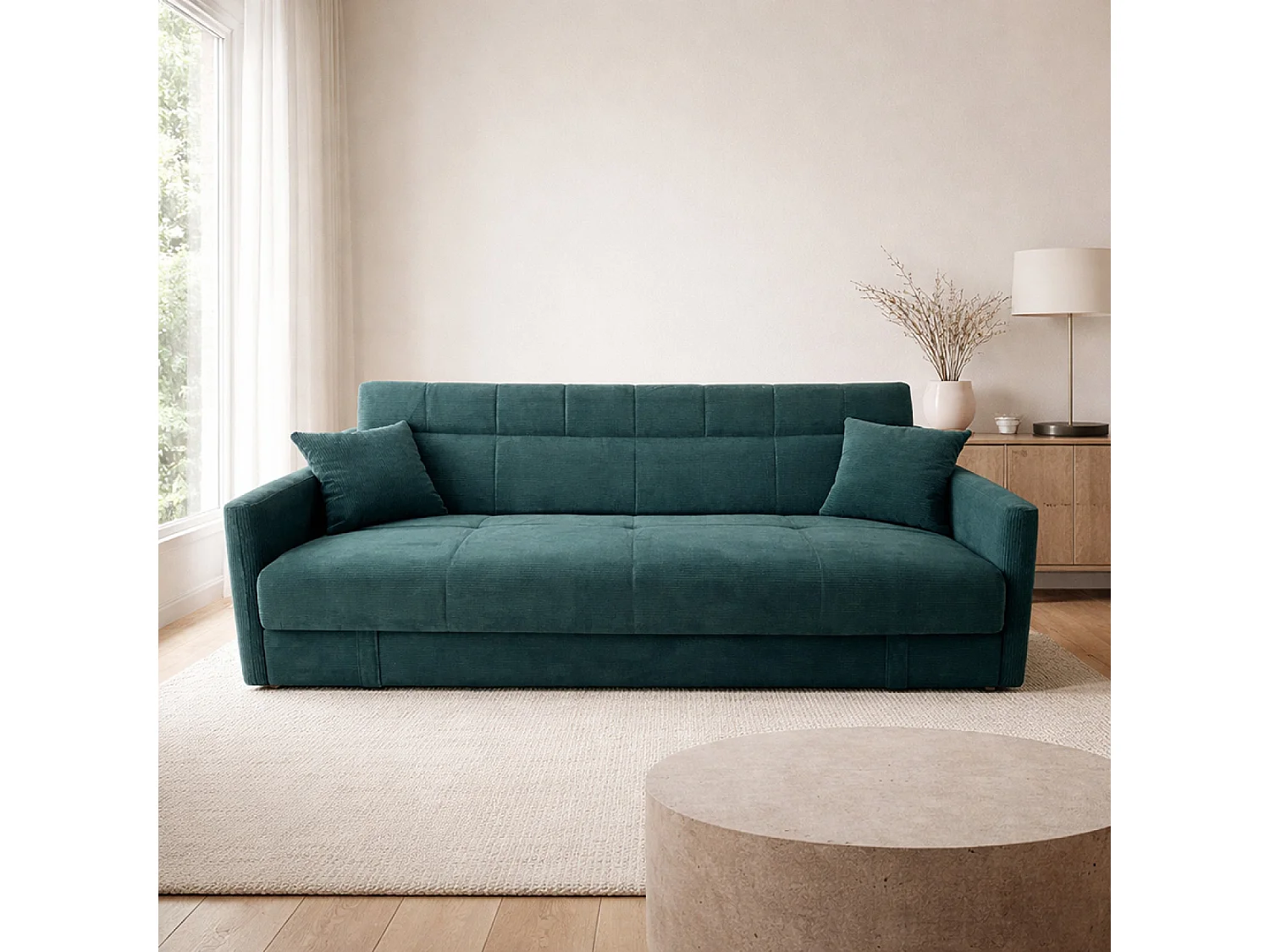 Canapé convertible avec coffre en velours côtelé vert 3 places ADARE