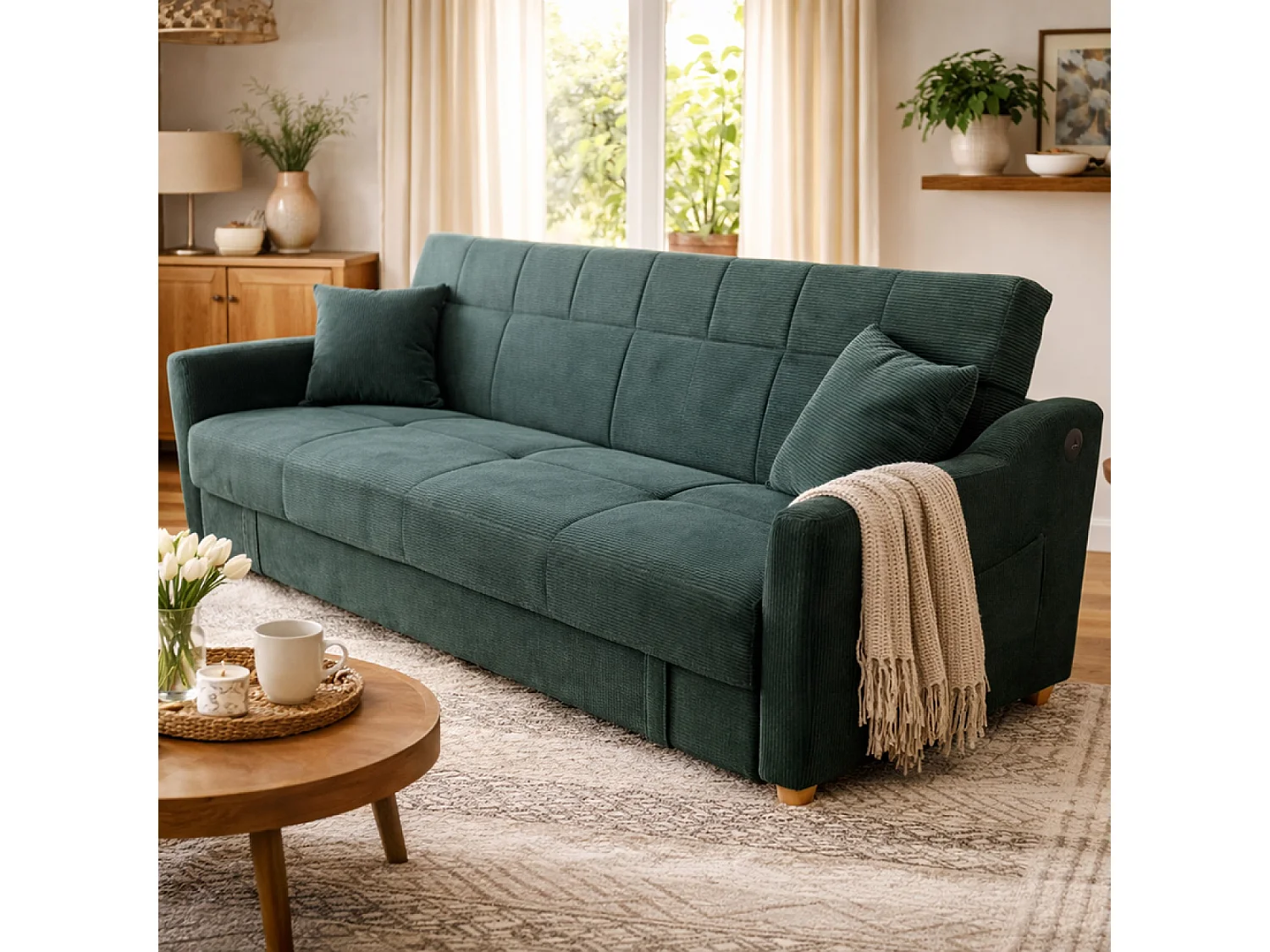 Canapé convertible avec coffre en velours côtelé vert 3 places ADARE