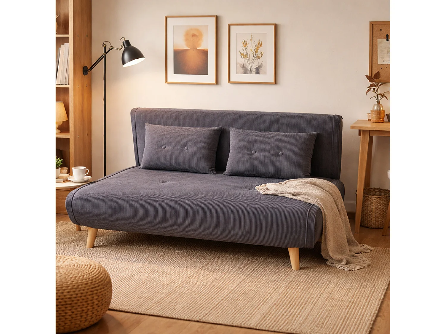 Canapé convertible en velours côtelé gris 2 places ENNIS