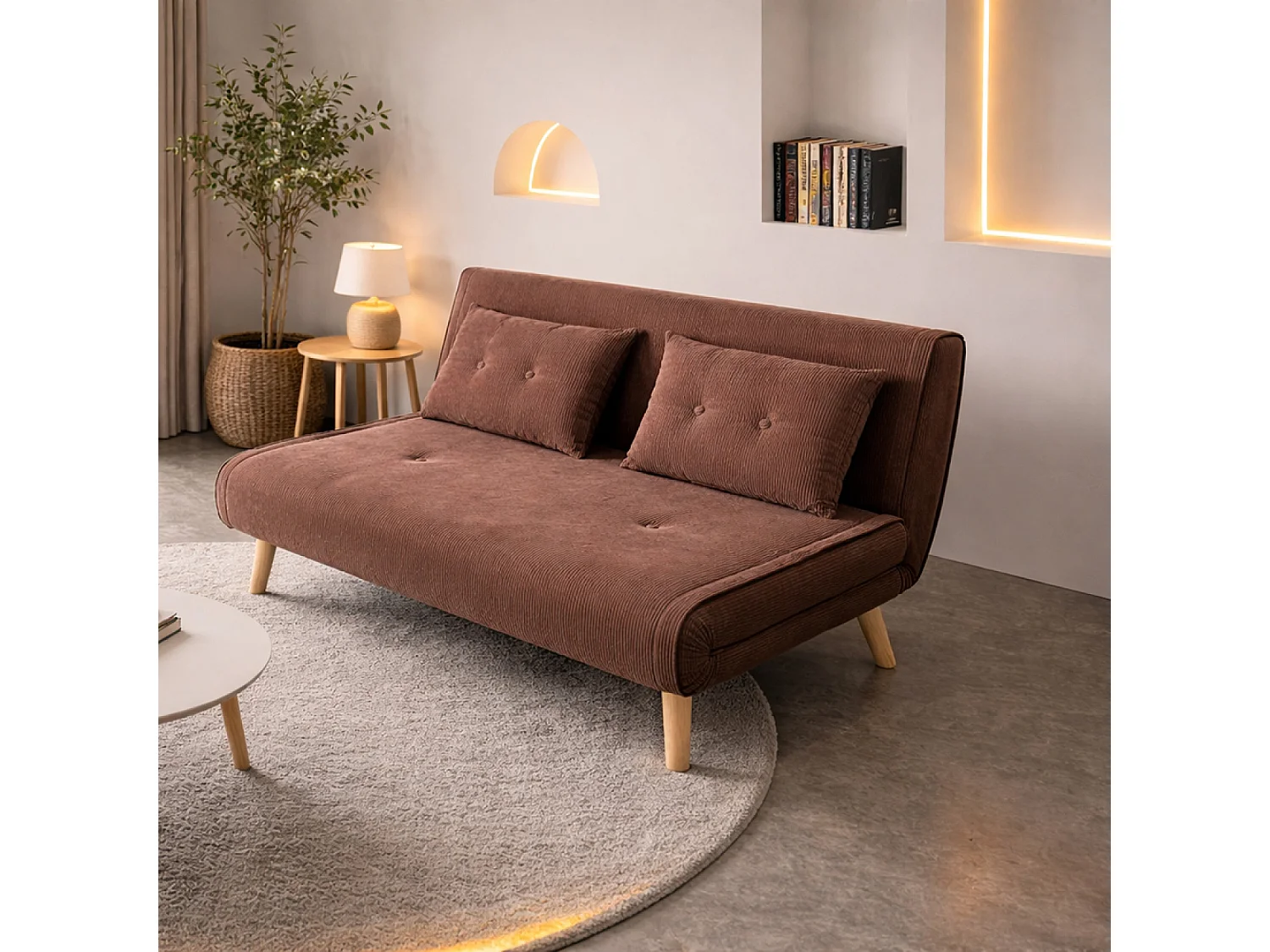 Canapé convertible en velours côtelé chccolat 2 places ENNIS