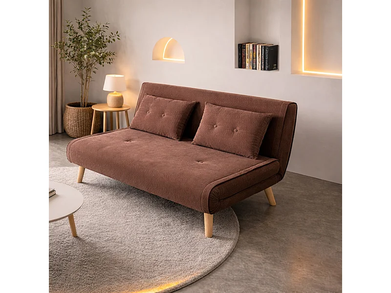 Canapé convertible en velours côtelé chccolat 2 places ENNIS