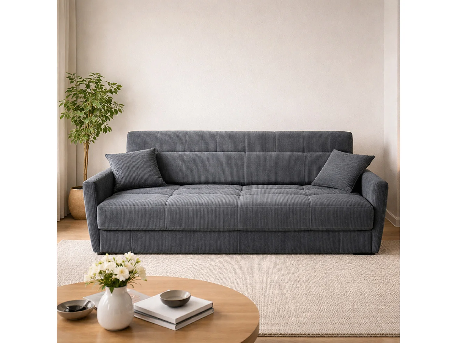 Canapé convertible avec coffre en velours côtelé gris 3 places ADARE