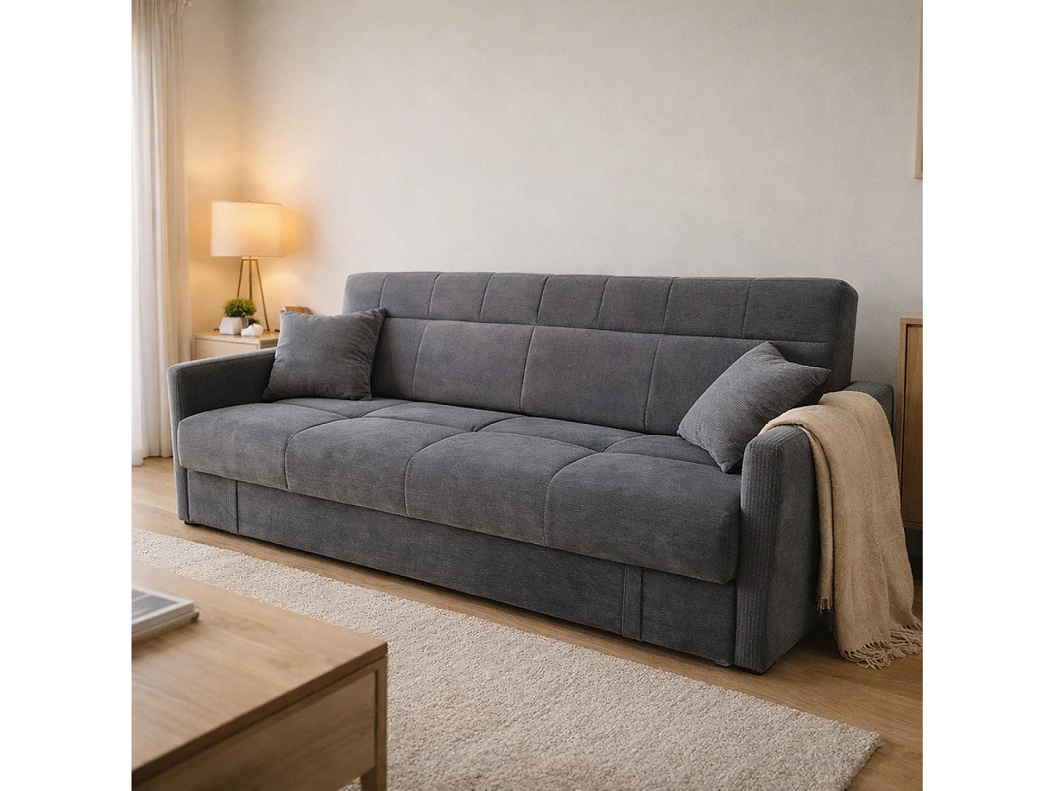 Canapé convertible avec coffre en velours côtelé gris 3 places ADARE