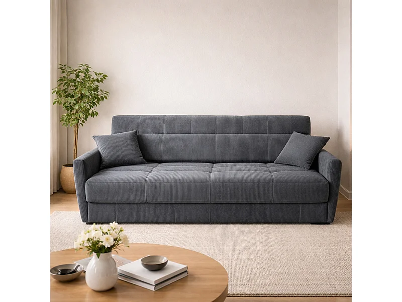 Canapé convertible avec coffre en velours côtelé gris 3 places ADARE